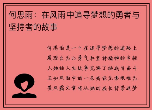 何思雨：在风雨中追寻梦想的勇者与坚持者的故事